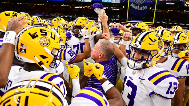 Brian Kelly talks to his team prior to kickoff against Florida State on Sunday night inside the Caesars Superdome. -- Photo courtesy of LSU Athletics