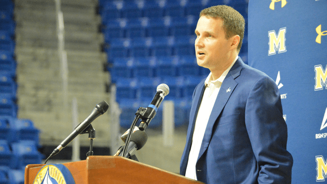 New McNeese men's basketball coach Will Wade speaks during a pep rally inside the Legacy Center on Monday. -- Photo by Hannah Adams
