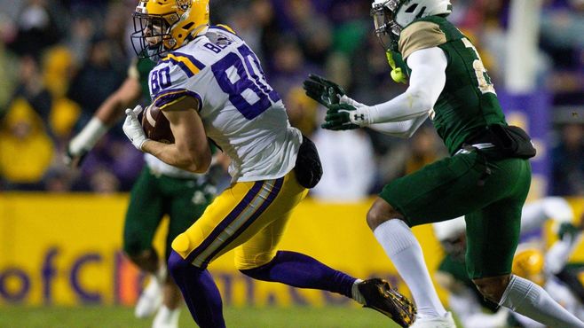 LSU wide receiver Jack Bech (80) catches a pass against the UAB Blazers during a game at Tiger Stadium this season. -- Photo by Stephen Lew-USA TODAY Sports / Reuters