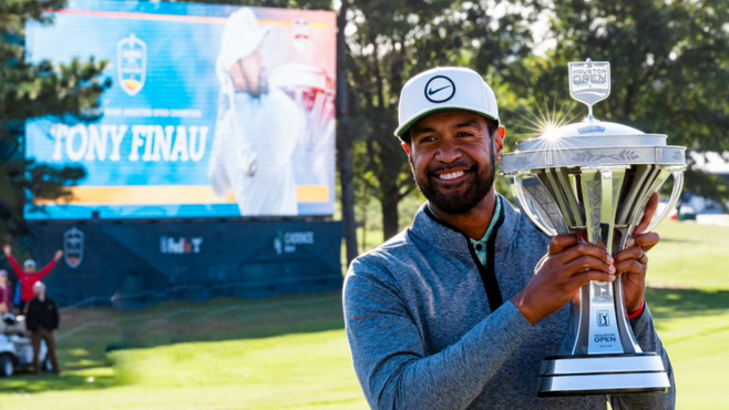 Tony Finau holds up the Houston Open trophy after winning the tournament on Sunday. -- Photo courtesy of Houston Open