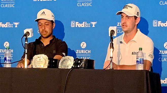 Xander Schauffele and Patrick Cantlay answer questions about winning the Zurich Classic of New Orleans on Sunday. The duo were awarded the championship belts after shooting even par Sunday to win the PGA Tour event by two strokes. -- Photo by Raymond Partsch III